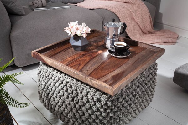 Tablett 50 cm Sheesham Holz massiv Braun Grau quadratisch