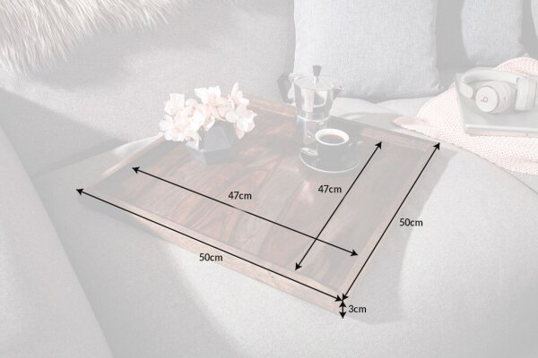 Tablett 50 cm Sheesham Holz massiv Braun Grau quadratisch