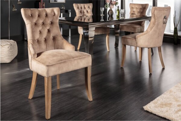 Esszimmerstuhl Chesterfield aus Samt Holz in Braun Natur