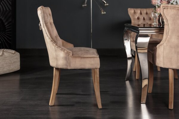 Esszimmerstuhl Chesterfield aus Samt Holz in Braun Natur