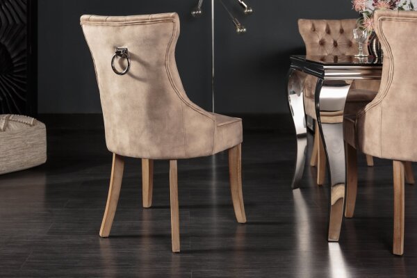 Esszimmerstuhl Chesterfield aus Samt Holz in Braun Natur