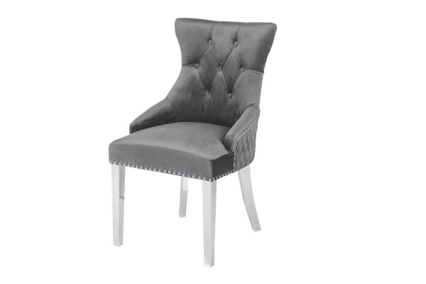 Esszimmerstuhl Grau Silber aus Samt Edelstahl Chesterfield