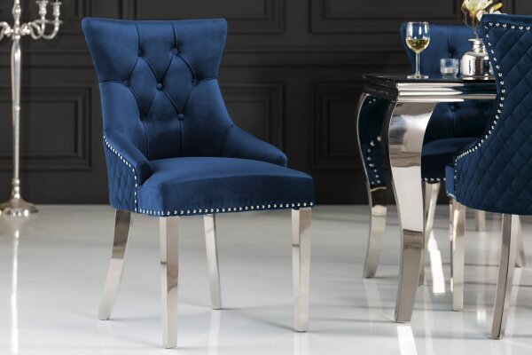 Esszimmerstuhl Samt Edelstahl Chesterfield Blau Silber