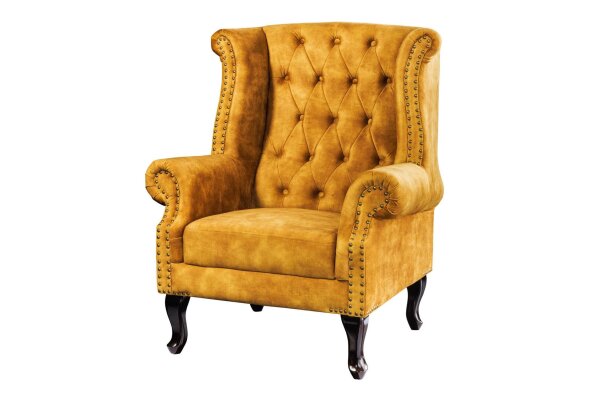 Ohrensessel Chesterfield Samt Holz Gelb Braun B: 85 cm RODRA