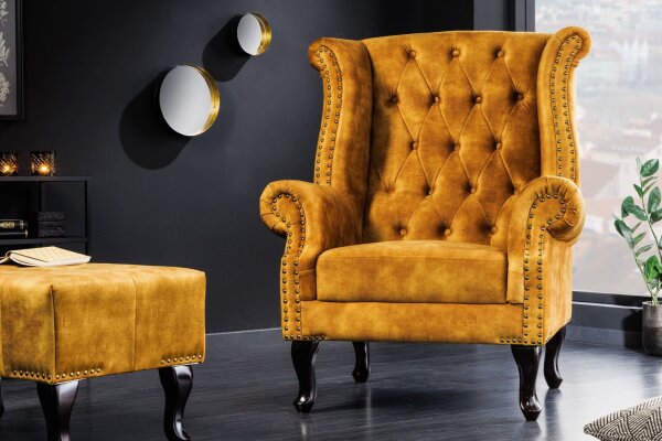 Ohrensessel Chesterfield Samt Holz Gelb Braun B: 85 cm RODRA