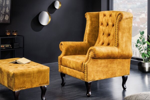 Ohrensessel Chesterfield Samt Holz Gelb Braun B: 85 cm RODRA