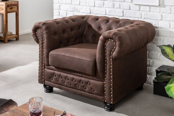 Sessel Chesterfield Braun antik B: 110 cm aus Stoff Holz
