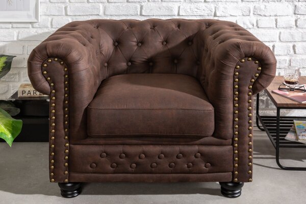 Sessel Chesterfield Braun antik B: 110 cm aus Stoff Holz
