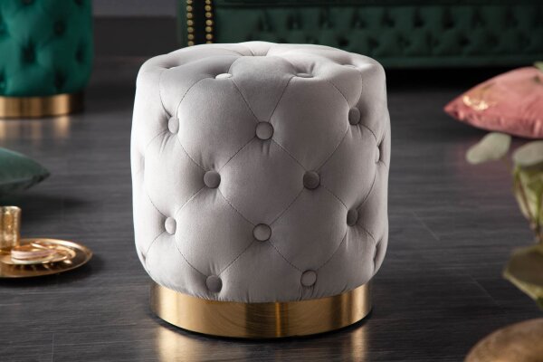 Sitzhocker Grau Gold klein Ø 37 cm H: 38 cm aus Samt Metall