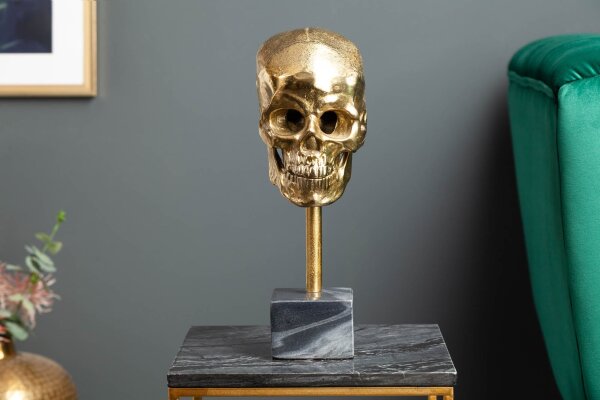 Dekostatue Totenkopf in Gold Schwarz H: 35 cm Metall Marmor