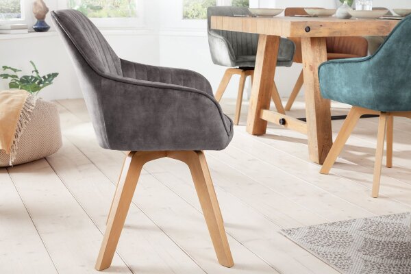 Drehstuhl Grau Natur ohne Rollen Retro mit Armlehne Samt Holz