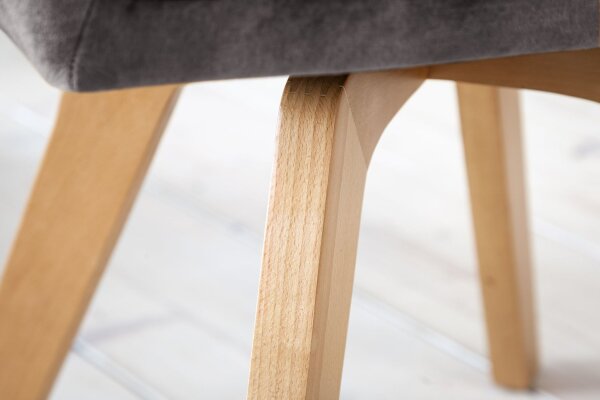 Drehstuhl Grau Natur ohne Rollen Retro mit Armlehne Samt Holz