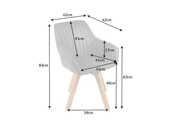 Drehstuhl Grau Natur ohne Rollen Retro mit Armlehne Samt Holz