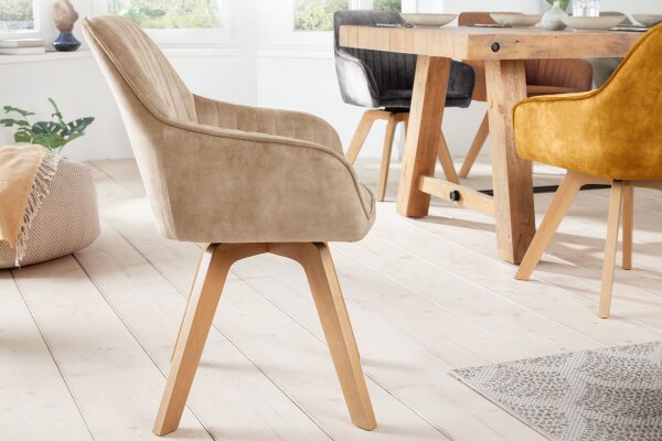Drehstuhl Samt Holz ohne Rollen Creme Beige Natur
