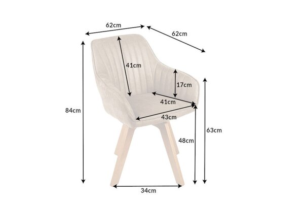 Drehstuhl Samt Holz ohne Rollen Creme Beige Natur