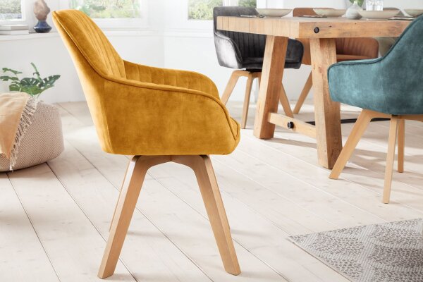 Bürostuhl drehbar Retro aus Samt Holz in Gelb Natur