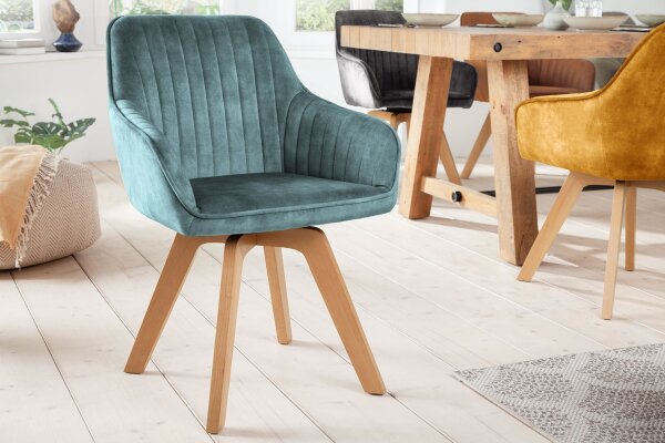 Bürostuhl drehbar Samt Holz in Petrol Natur Retro Design