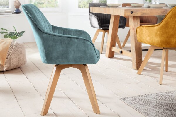 Bürostuhl drehbar Samt Holz in Petrol Natur Retro Design