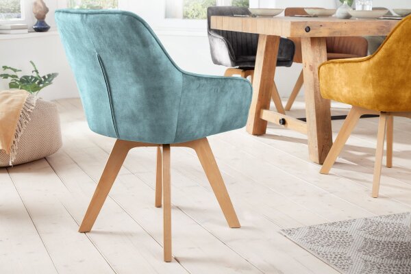 Bürostuhl drehbar Samt Holz in Petrol Natur Retro Design
