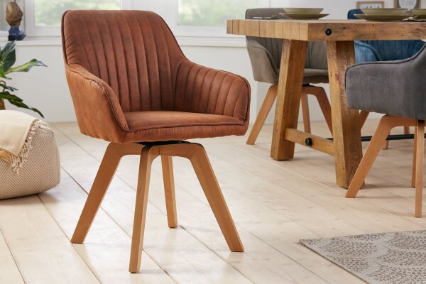 Drehstuhl ohne Rollen Stoff Holz Retro Braun LIVORNO