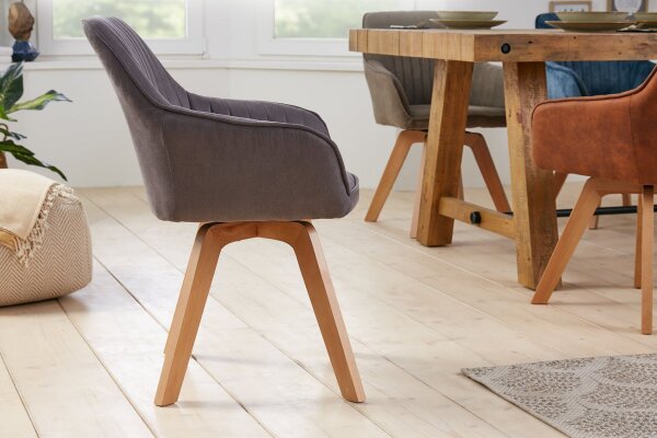 Drehstuhl ohne Rollen Grau Natur aus Stoff Holz Retro