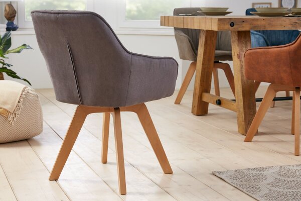 Drehstuhl ohne Rollen Grau Natur aus Stoff Holz Retro