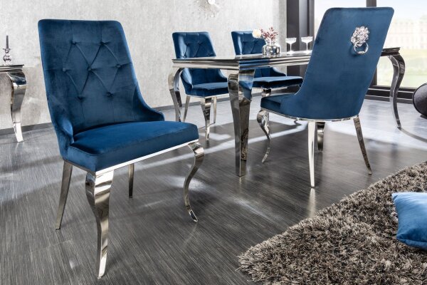 Esszimmerstuhl Blau Silber Barock aus Samt Metall mit Griff