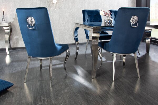 Esszimmerstuhl Blau Silber Barock aus Samt Metall mit Griff
