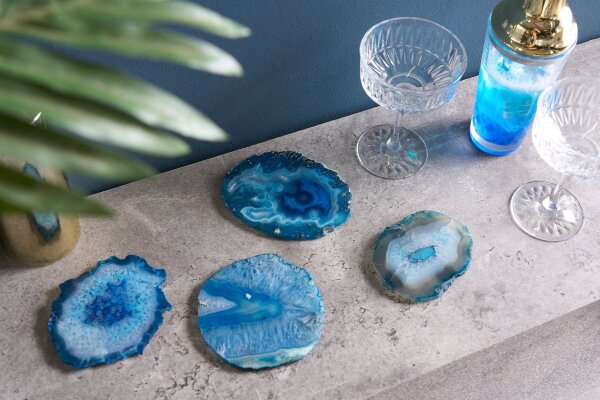 Untersetzter 4er Set Achat Scheiben in Blau Unikat Handarbeit