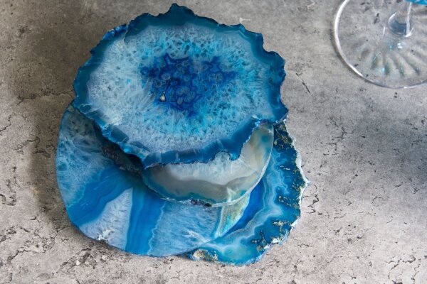 Untersetzter 4er Set Achat Scheiben in Blau Unikat Handarbeit
