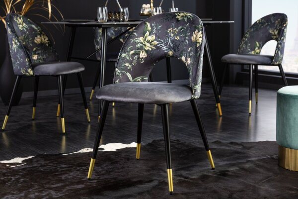 Esszimmerstuhl ohne Armlehne Samt Metall florales Muster Grau