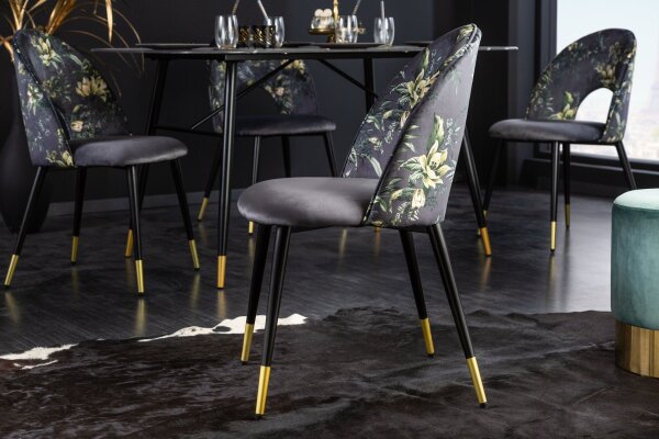 Esszimmerstuhl ohne Armlehne Samt Metall florales Muster Grau