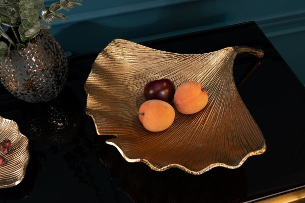 Deko Schale aus Metall 42 cm lang in Gold Ginko Asiatisch