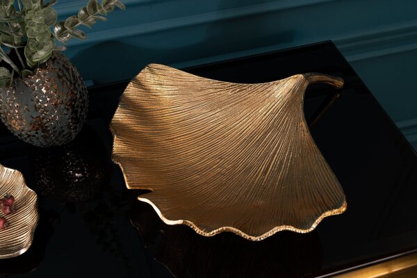 Deko Schale aus Metall 42 cm lang in Gold Ginko Asiatisch