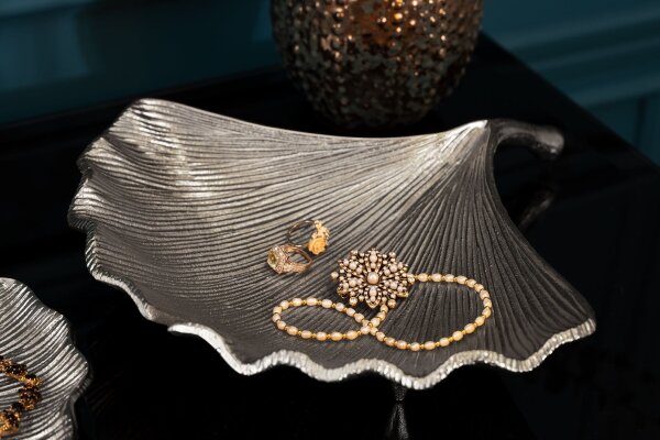 Dekoschale Silber aus Metall Handarbeit L: 33 cm Ginko Design