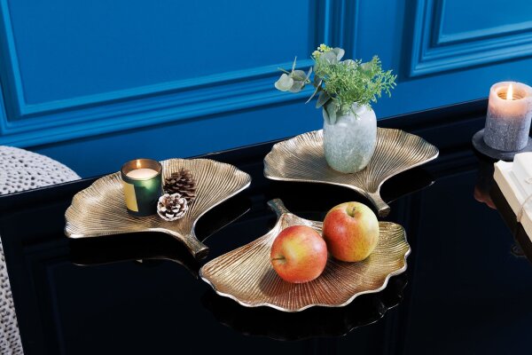 Schale Metall in Gold L: 42 cm Ginko Handarbeit Asiatisch