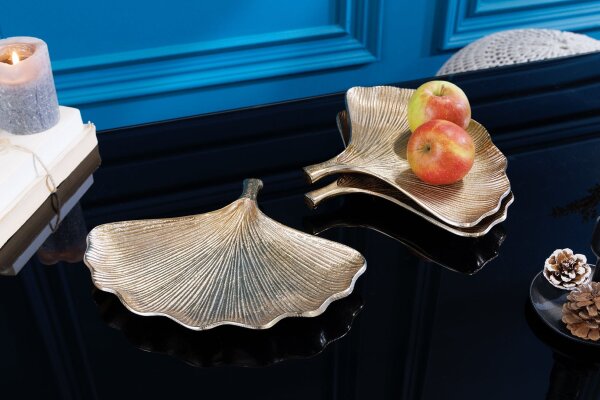 Schale Metall in Gold L: 42 cm Ginko Handarbeit Asiatisch