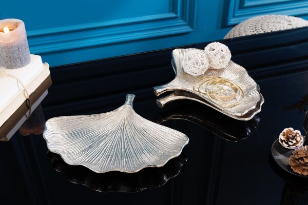 Schale Metall in Silber L: 28 cm Ginko Handarbeit Asiatisch