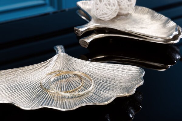 Schale Metall in Silber L: 28 cm Ginko Handarbeit Asiatisch