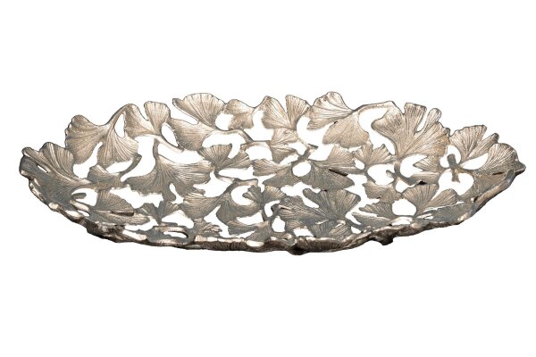 Deko Schale Metall Handarbeit 40 cm lang in Silber Ginko