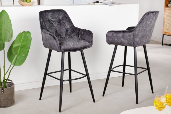 Tresenstuhl Chesterfield aus Samt Metall in Grau Schwarz