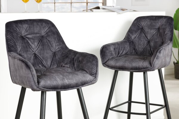 Tresenstuhl Chesterfield aus Samt Metall in Grau Schwarz