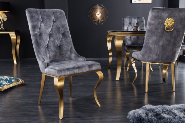 Esszimmerstuhl Grau Gold Chesterfield Barock Samtbezug