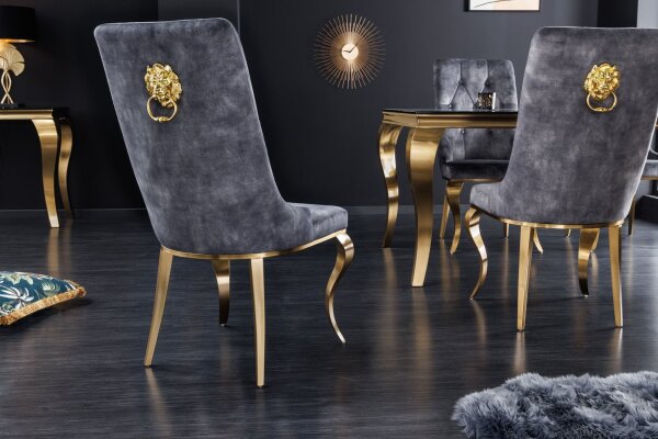 Esszimmerstuhl Grau Gold Chesterfield Barock Samtbezug