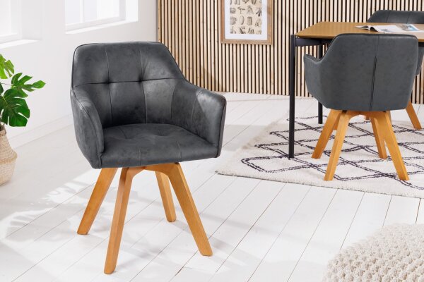 Drehstuhl ohne Rollen Grau Natur Samt Holz mit Armlehne