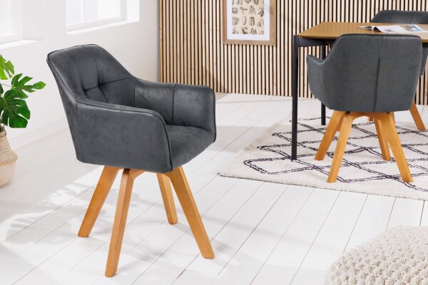 Drehstuhl ohne Rollen Grau Natur Samt Holz mit Armlehne