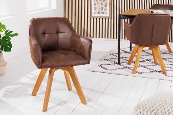 Drehstuhl Braun Natur aus Stoff Holz ohne Rollen mit Armlehne