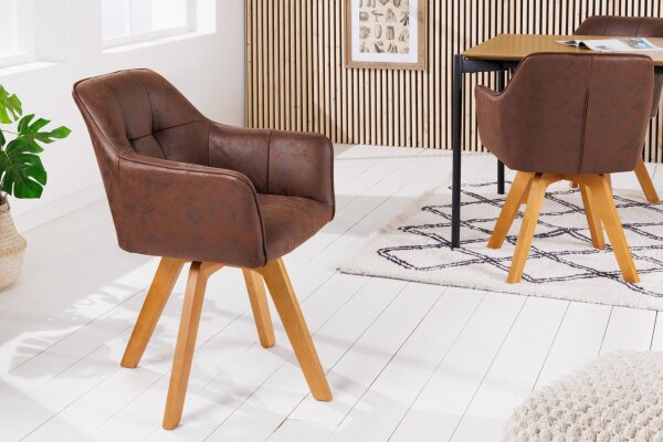 Drehstuhl Braun Natur aus Stoff Holz ohne Rollen mit Armlehne