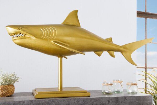 Dekostatue Metall Hai Fisch in Gold 103 cm lang Handarbeit