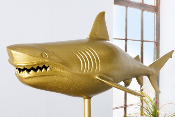 Dekostatue Metall Hai Fisch in Gold 103 cm lang Handarbeit